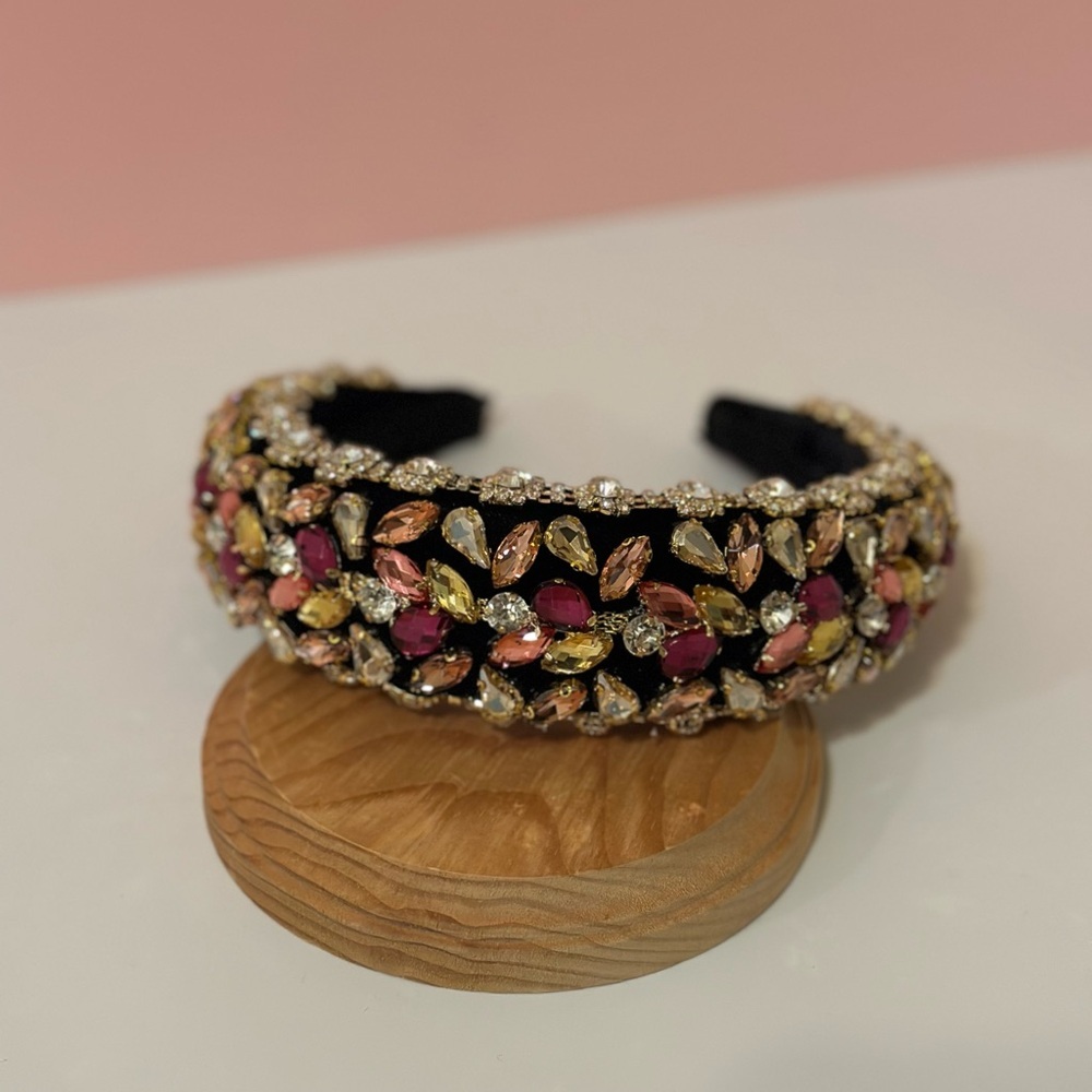 Two Tone Pink and White Rhinestone Black Velvet Headband - Picture 7 of 9